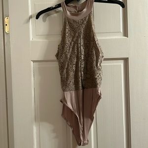 High-neck Nude color lace body suit with keyhole back